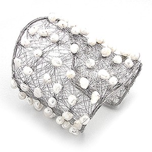Wide Wired Cuff Bracelet with Genuine Pearls